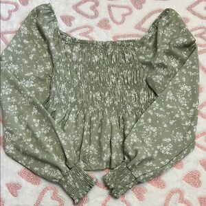 Green Crop Blouse with Smocked Bodice and Billowy Sleeves